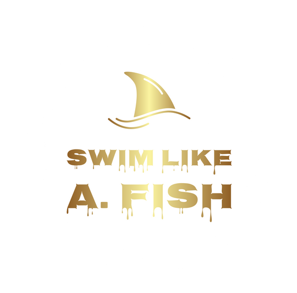 Swim Like A. Fish gold logo with shark fin in the water. water safety, swim, confidence, pool, water, underwater, play, lessons, swim caps, swimming, summer, coach, team, 
