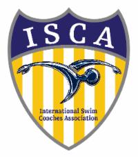 ISAC logo with a dark blue top and yellow and white strips with a swimming in the middle. swim caps, swim, water safety, swim lessons, swim races, coaches, performance, safety, kids, parents, swim school, swim competition, pool, underwater