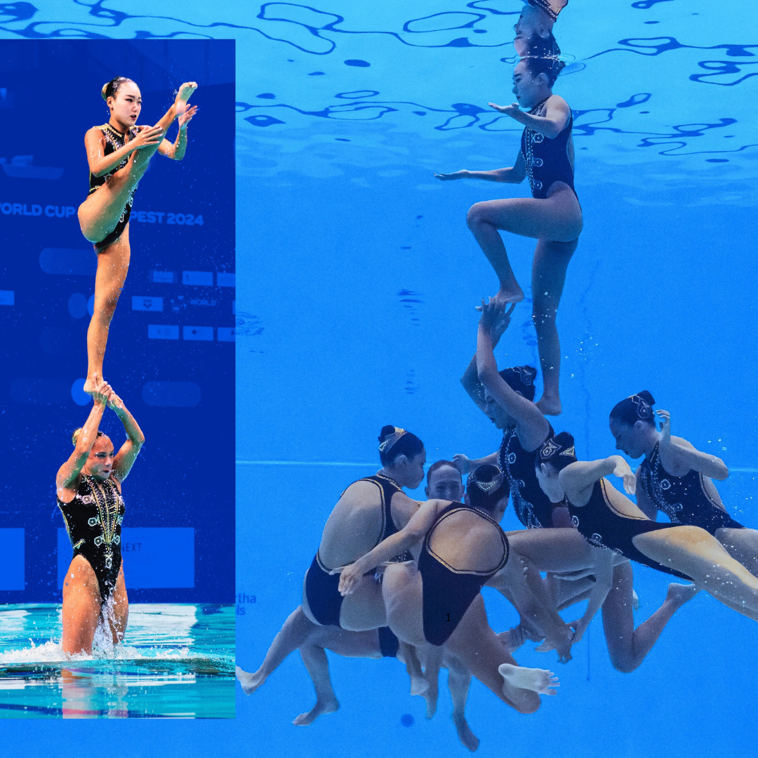 Female artistic swimmers (previously called synchronized swimmers) performing underwater and on the surface. Because of the tight formations, acrobatic lifts and under water maneuvers lead to forceful head impacts. Practicing with concussion prevention swim caps can help minimize unexpected collisions.