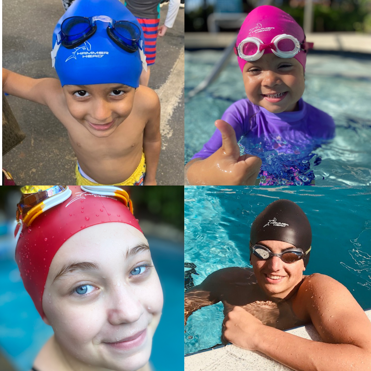 Collage of four children wearing Hammer Head swim caps and goggles at a pool.
