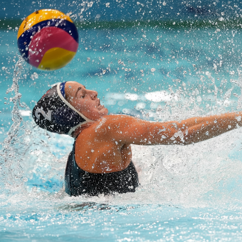 Female water polo player in the swimming pool takes a hit to the head by the colorful ball, leaving her with a painful expression on her face. She is wearing a Hammer Head swim cap under her competition cap. It is a swim cap to prevent injury, like a helmet swim cap. The only swim cap with cushion for athlete safety.