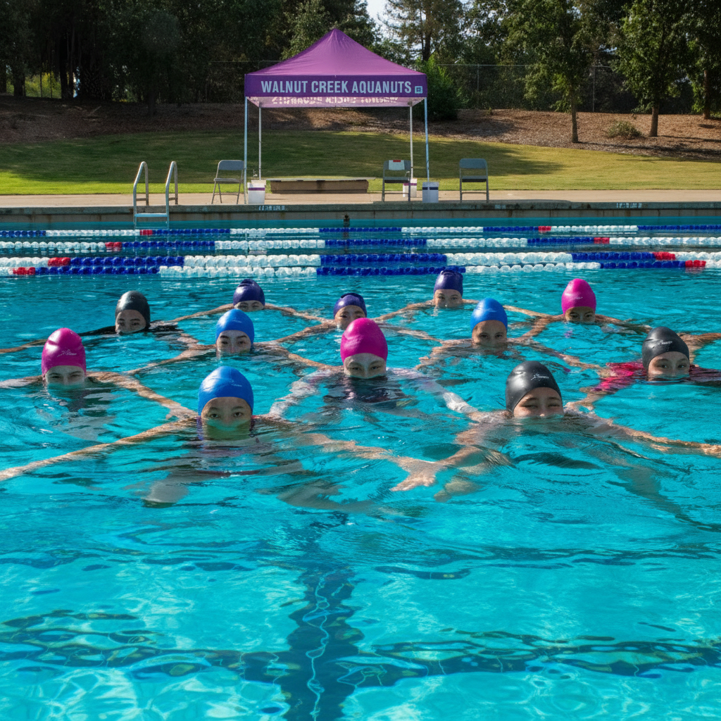 Twelve female artistic swimmers in a pool with colorful Hammerhead swim caps, under a Walnut Creek Aquanuts tent. They are swim caps for long hair, protective swim caps and a swim cap that doesn't rip. A great practice swimming cap to minimize head injuries.