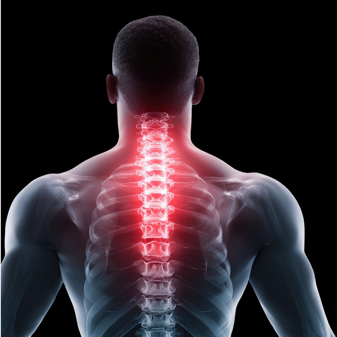 Anatomical illustration of a human back with highlighted spine on a black background.