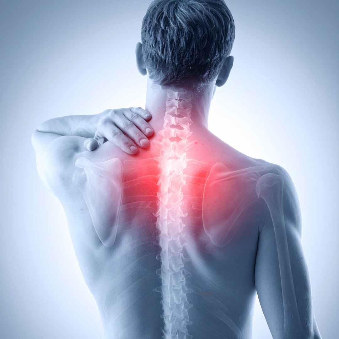 X-ray view of a person's back with highlighted neck and shoulder area, indicating pain.
