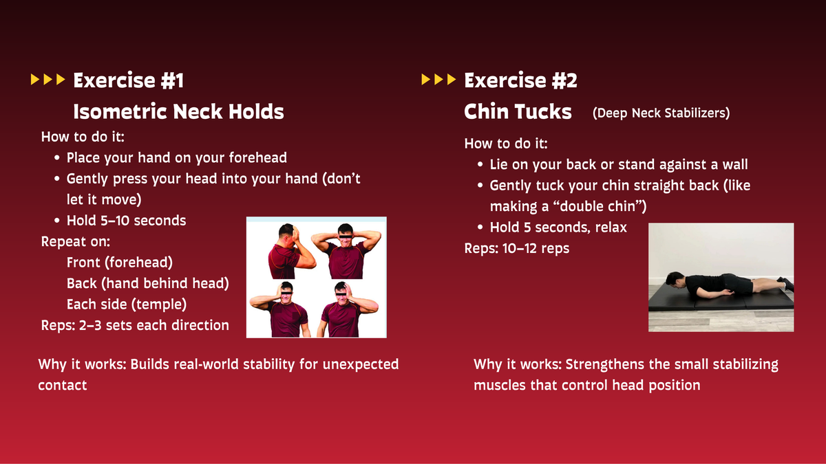 Two exercise instructions on a red background with images of people performing neck exercises.
