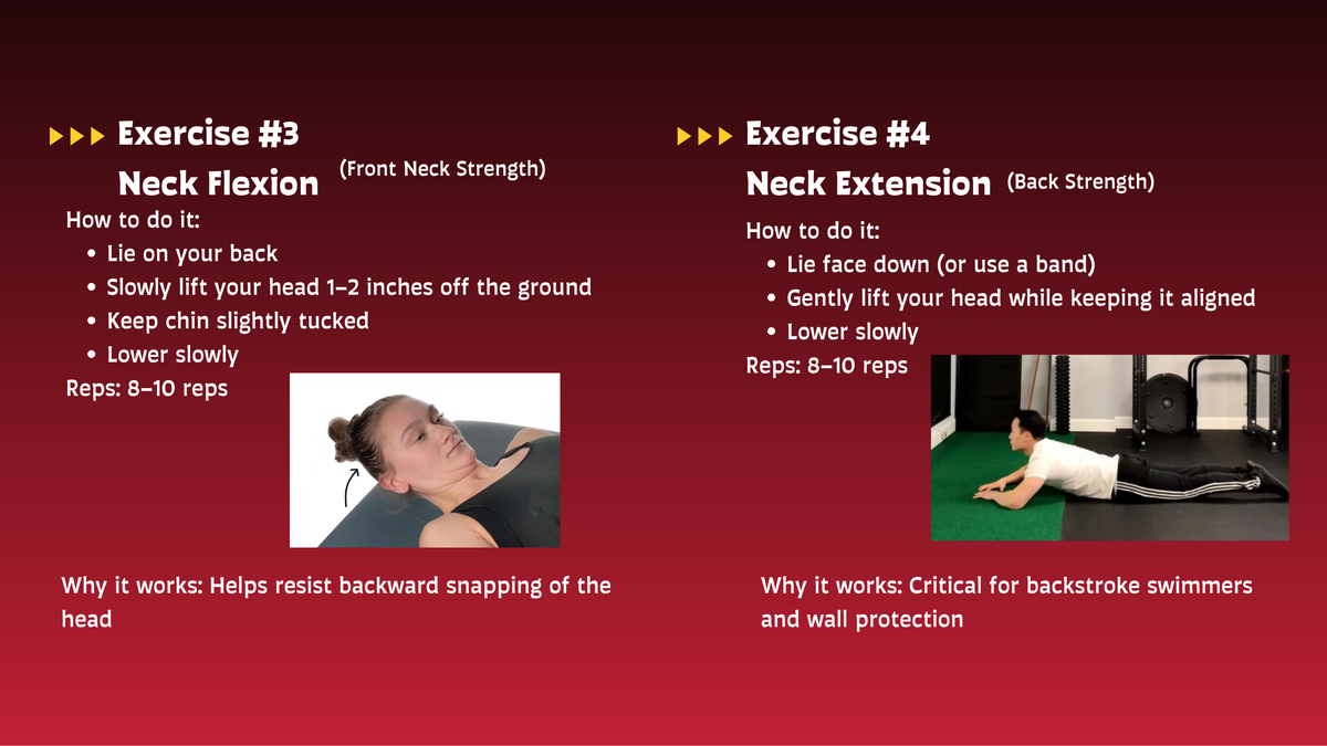 Exercise guide for neck flexion and extension with instructions and images on a red background.