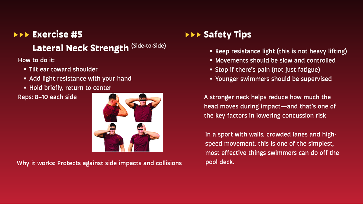 Exercise guide for lateral neck strength with safety tips on a red background