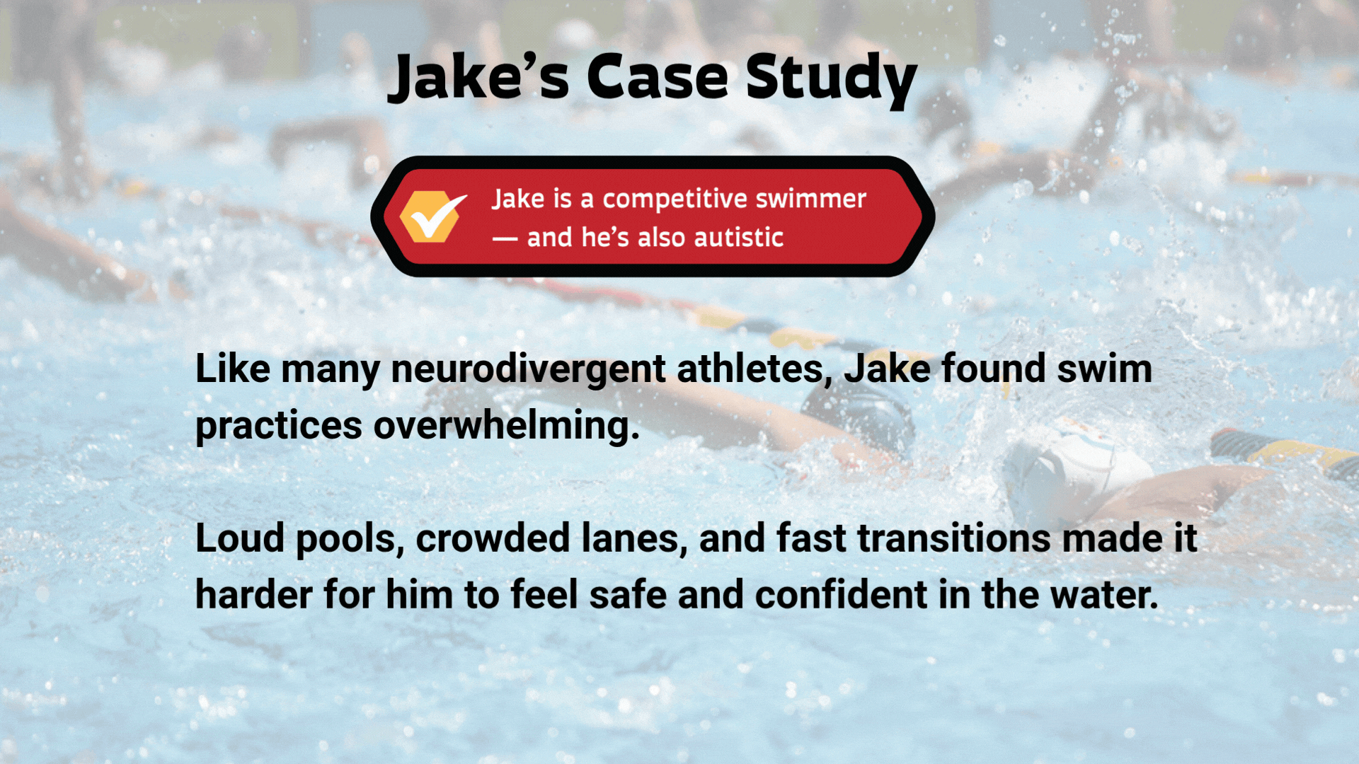 Case study around special needs swimmer, Jake, and presentation explaining how Hammer Head swim caps helped him feel more confident.