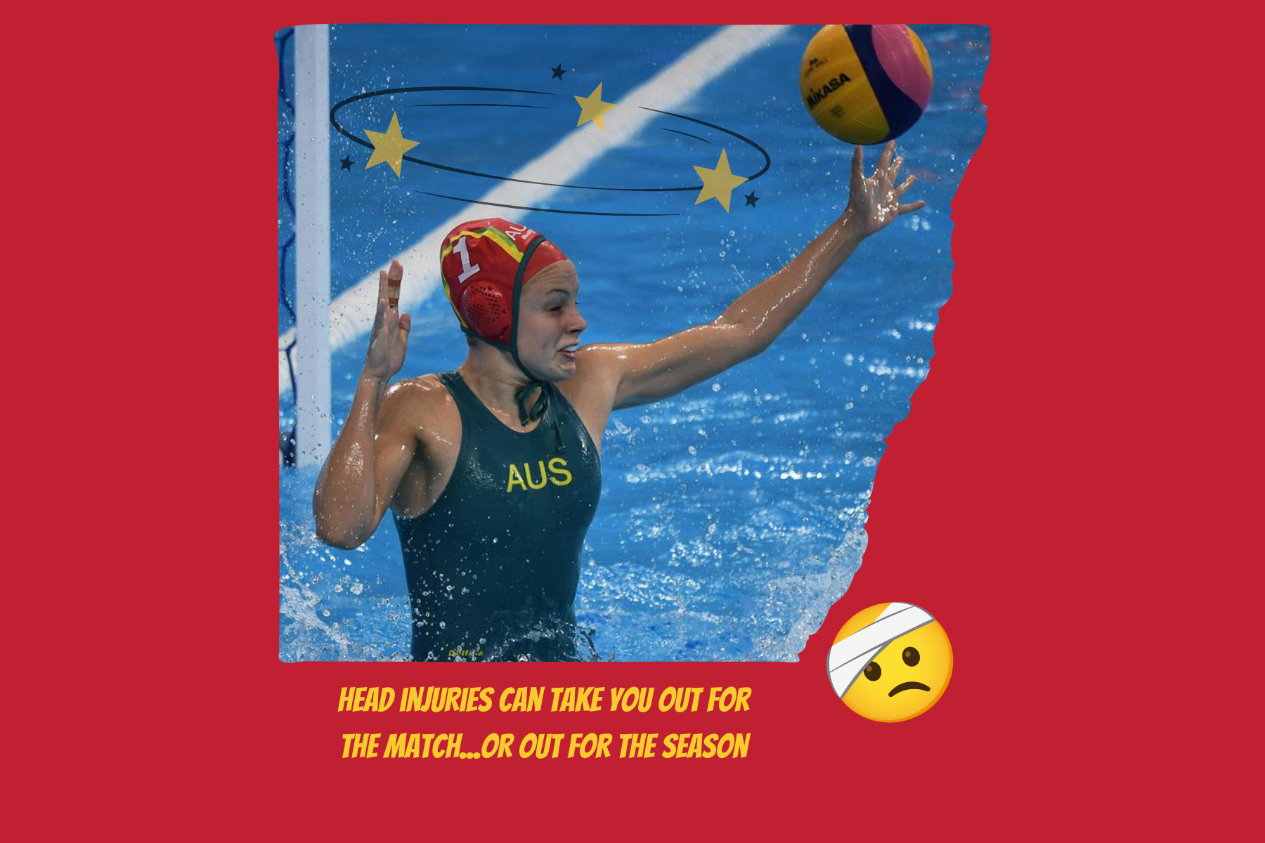 Water polo player in action wearing a red Hammer Head swim cap under her regulation cap with a ball about to hit her head. This is on a red border and text about head injuries.
