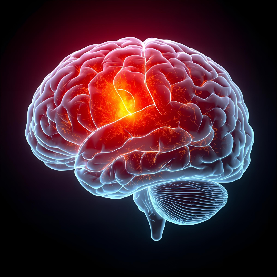 3D rendering of a brain with a focus on the cerebellum area, highlighted in red.