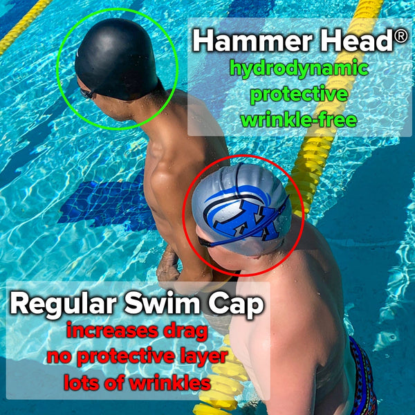 A teen male is wearing the black Hammer Head swim cap with a smooth dome surface that is a perfect racing swim cap. A white teen male is wearing a silicone swim cap riddled with wrinkles that cause drag in a swimming race. Hammer Head Swim Caps - Safe and Fast Swim Cap for Adults and Youth, 50% Safer and up to 10.5% Faster than Standard Swim Caps, Durable with 365-Day Guarantee, Approved by Olympians, Parents, Triathletes, and Coaches. 